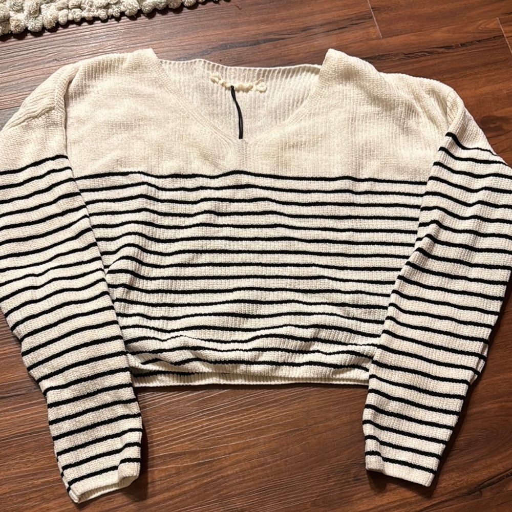 Striped V-Neck Sweater - Cream and Black